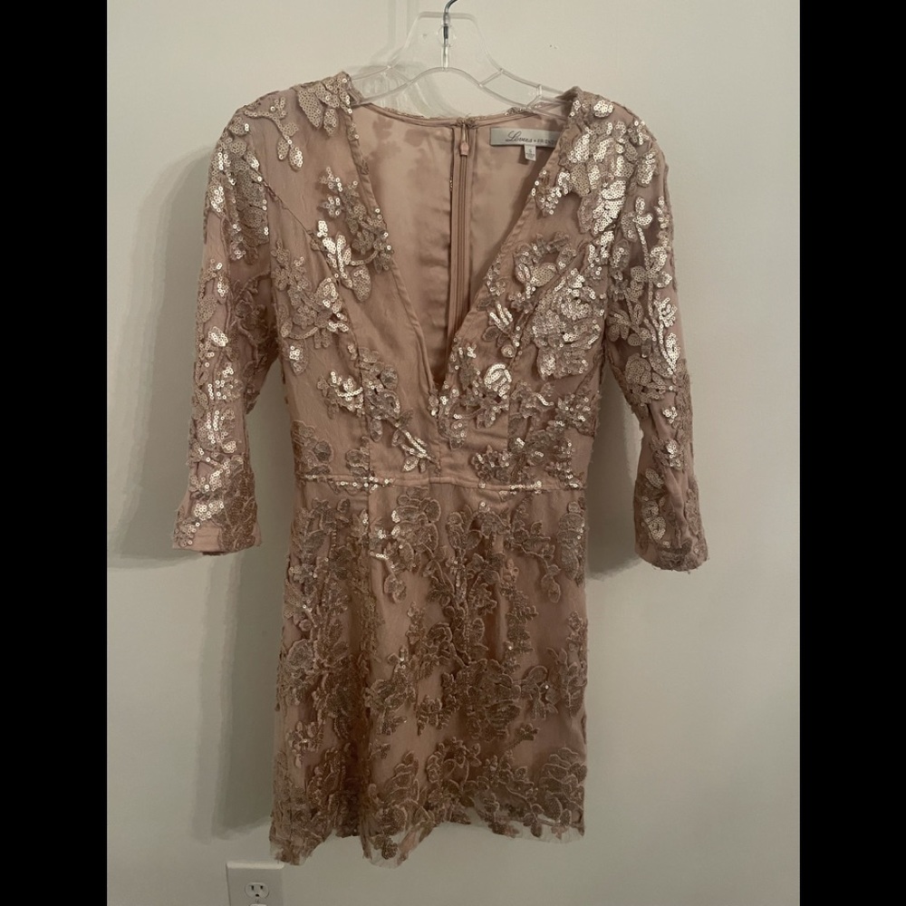 Lovers + Friends Sequin Tulle Embroidered Wedding Party HOCO Champagne Dress
